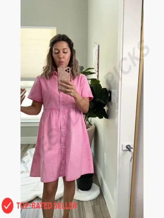 Denim Babydoll Dress Flowy Tiered Button Down Short Sleeve Casual Chic - Picture 7 of 7